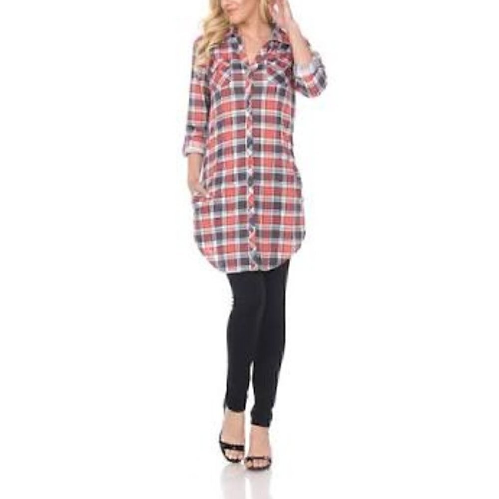 White Mark Gray and Coral Plaid Shirt Tunic Long Sleeve Top Size L